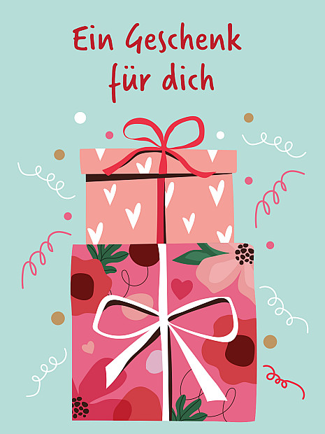 Das Bild zeigt zwei übereinander gestapelte Geschenkboxen mit dekorativen Elementen wie Punkten und geschwungenen Linien. Über den Geschenken steht der Schriftzug: Ein Geschenk für dich